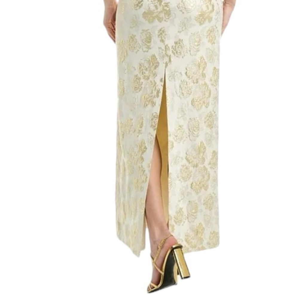 Aidan Mattox NWT V-Neck Pleated Bodice Jacquard Long Gown Ivory & Gold Sz 8 - Picture 13 of 15